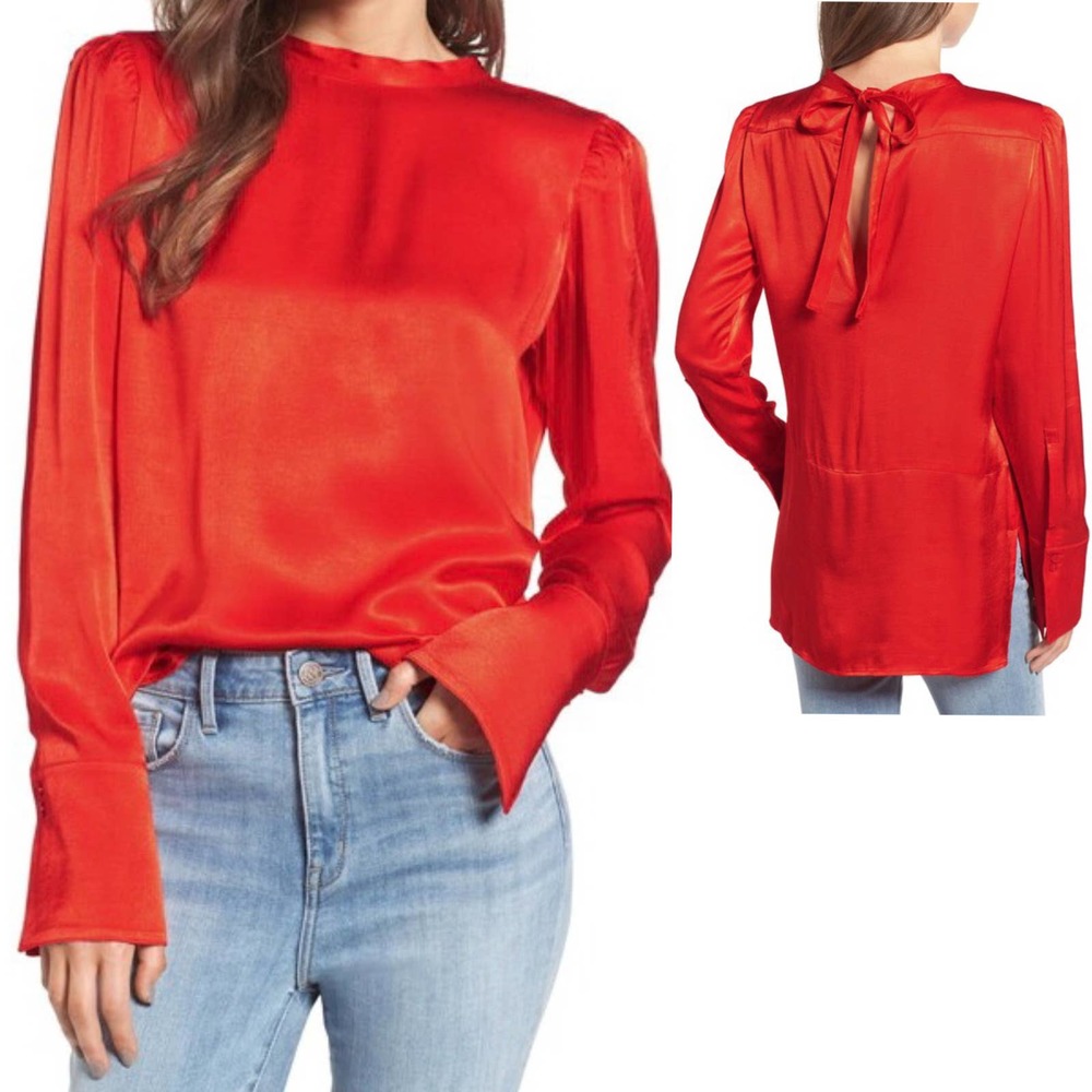 Treasure and Bond Red Satin Keyhole Back Bow Top